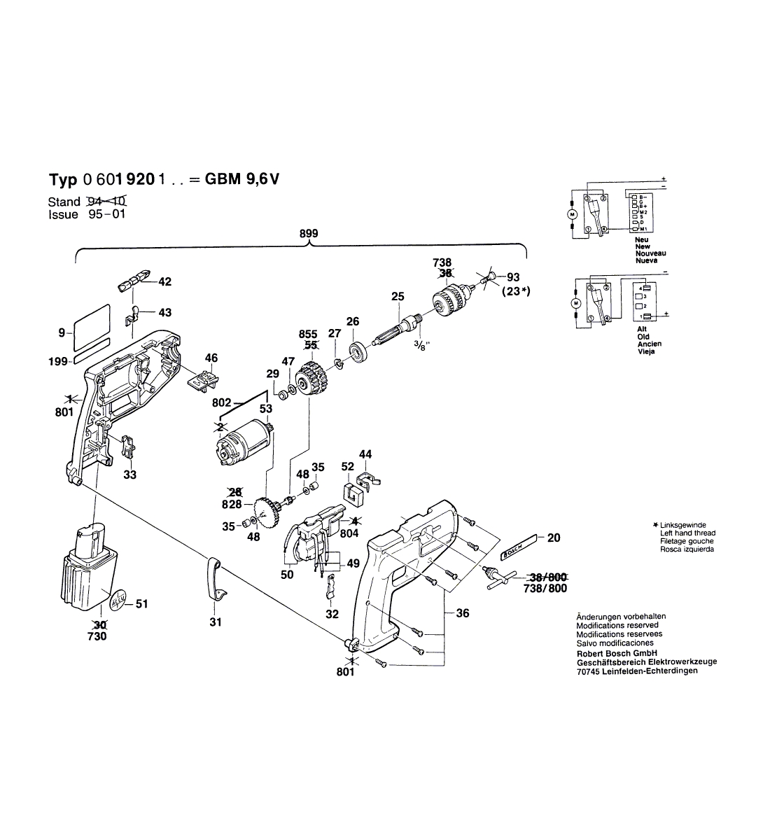 Схема на Дриль-шуруповерт Bosch GBM 9,6 VRL (0 601 920 103)