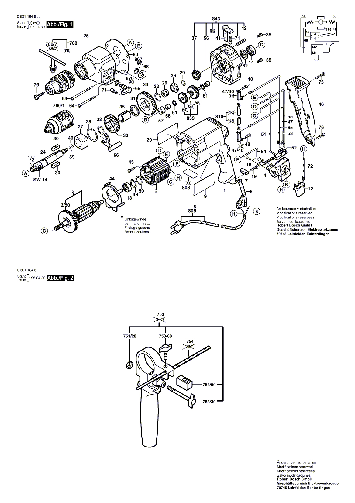 Схема на Дриль Bosch GSB 20-2 RE (0 601 184 606)